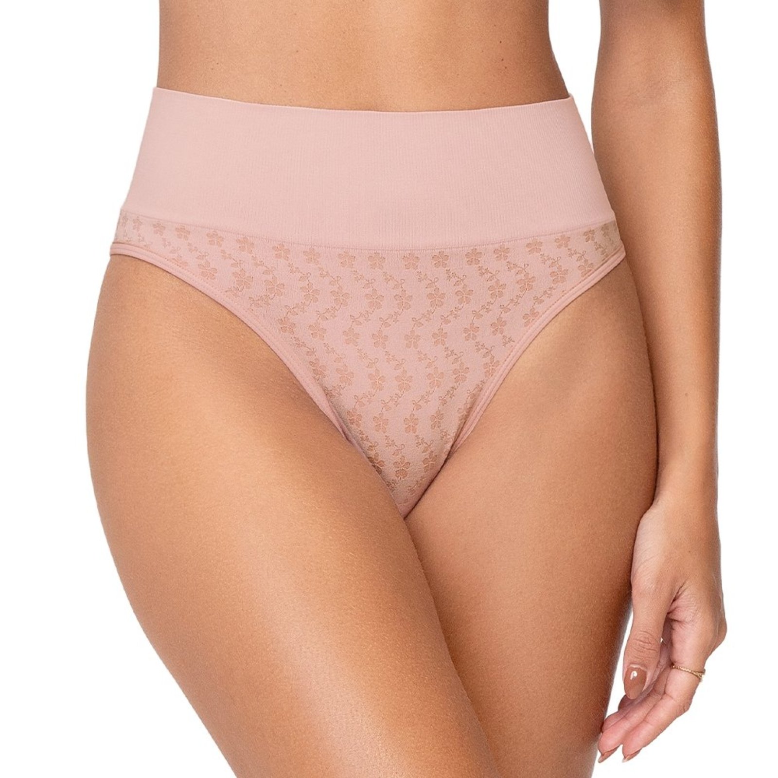 Calcinha Tanga Jacquard Little Flowers Cós Alto sem Costura Rosa