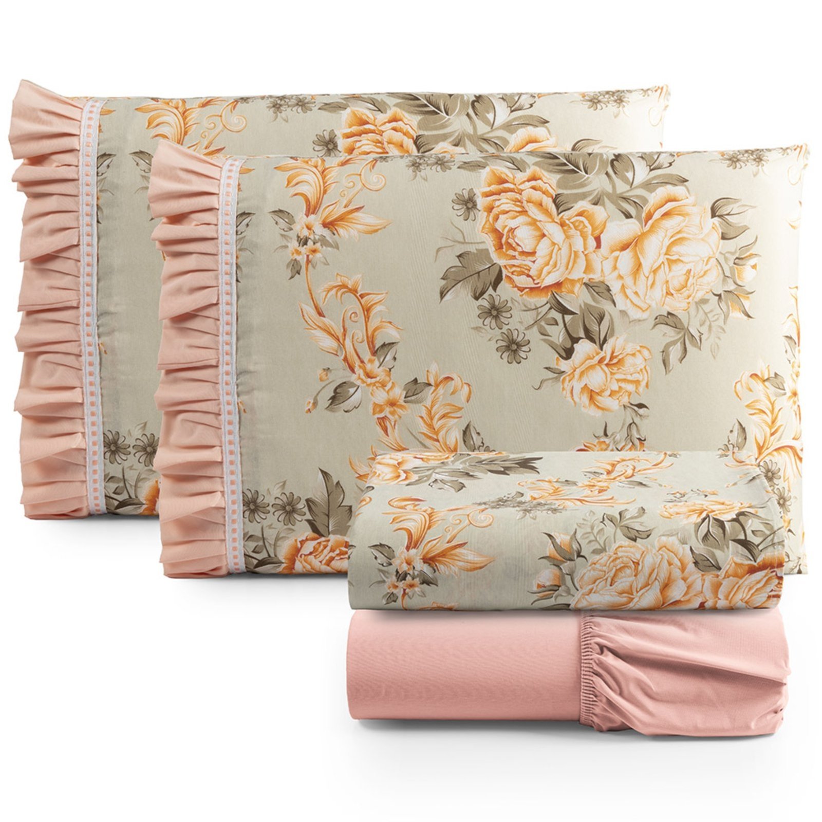 Jogo Cama Lençol Fiore Casa Scarpa Queen Estampado 180 Fios 100% Algodão com Babadinho 4 Peças Salmão Floral