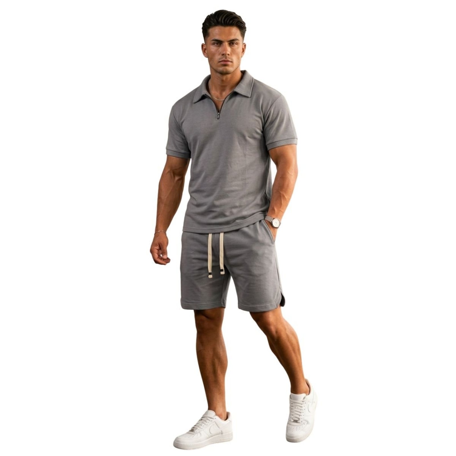 Conjunto Masculino Oversized Suedine Premium Camiseta Polo e Bermuda Casual Chumbo