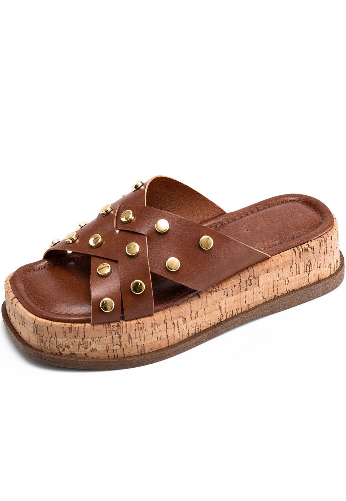 Sandália Feminina Lumiss Flatform Tachas Rebite Dourado Cortiça Confortável Caramelo