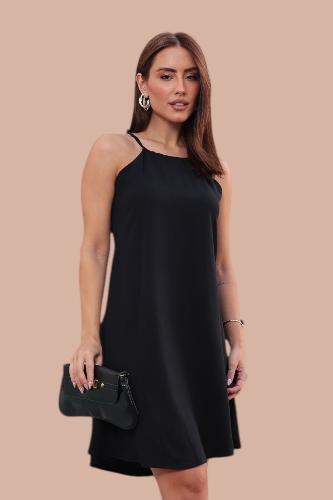 Vestido Curto Ícone Fashion Lenço Chic Cor Preta