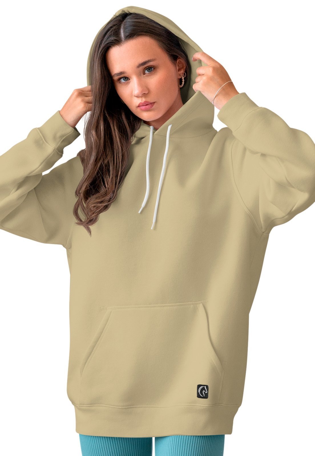 Blusa De Frio Feminina W2 Moletom Liso Com Capuz e Bolso Canguru Felpado Bege