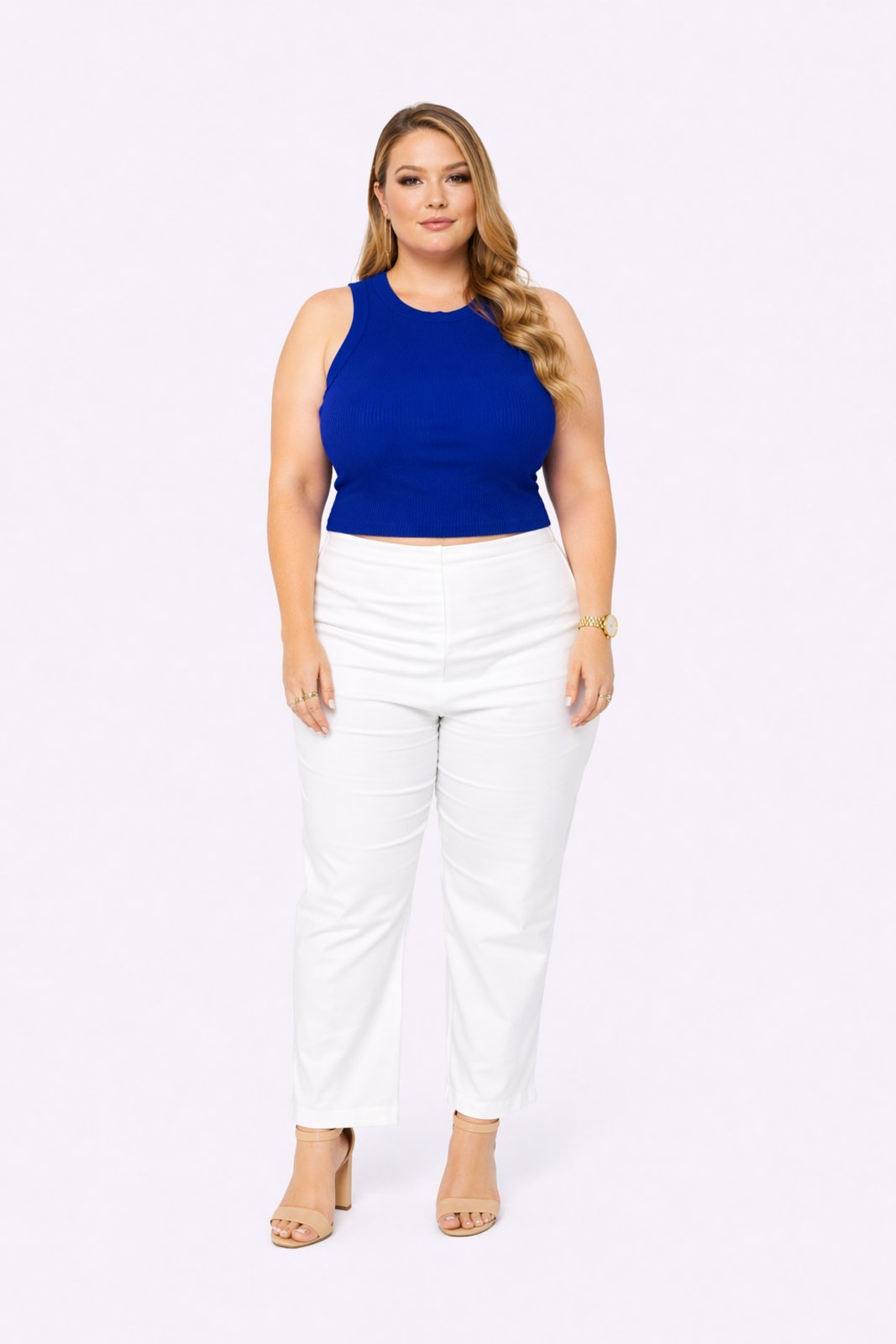 Cropped Plus Size D Bell Outlet Fashion Canelado Azul Royal