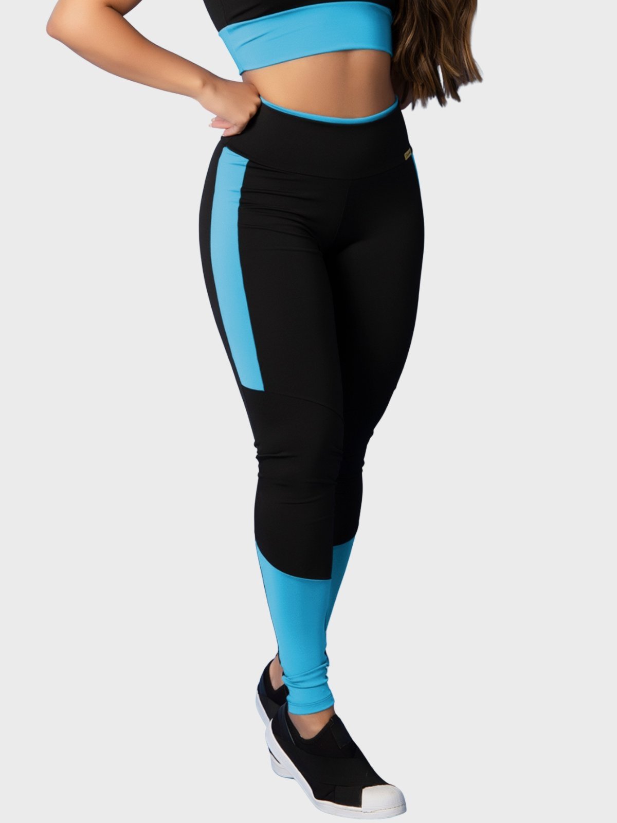 Calça Legging Fitness Tarelles Cintura Alta Preto e Azul Céu