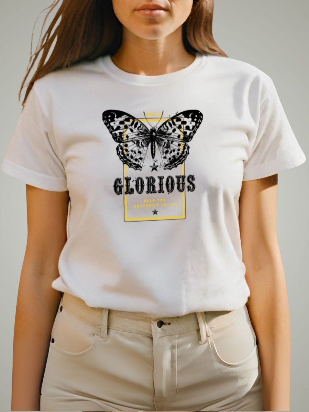 Camiseta Feminina T-shirt Plus Size GuGi Borboleta Estampada Camisa Blusa Branco