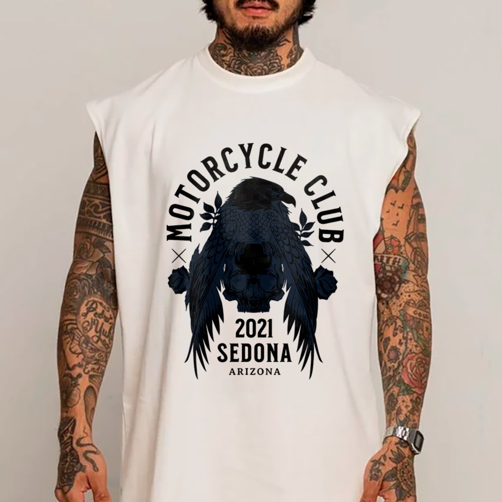 Camiseta Regata Machão Motorcycle Club Águia Skull Arizona Branco