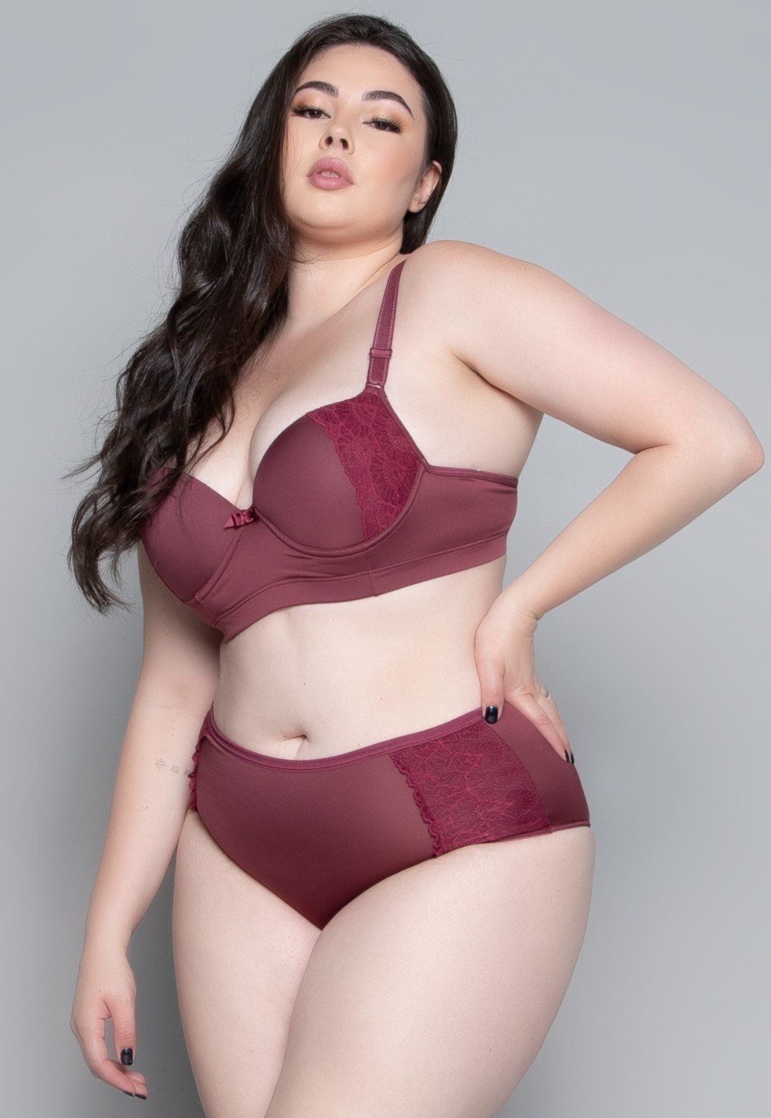 Conjunto Lingerie Bella Fiore Modas Plus Size Luxo Com Bojo Vinho