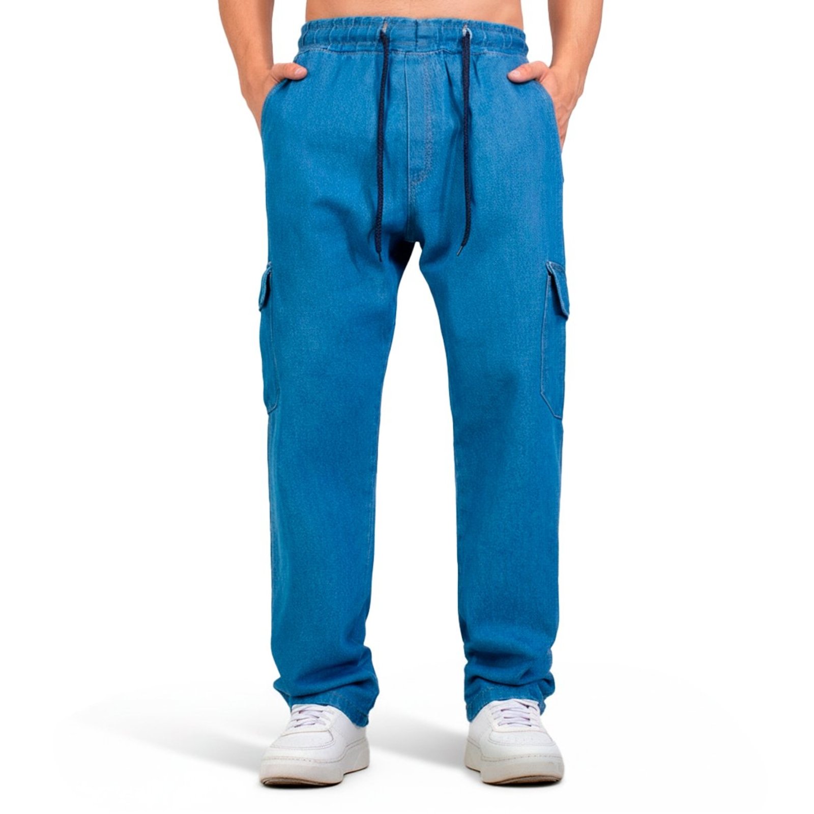 Calça Jogger Cargo Sem Punho Masculina Jeans Azul