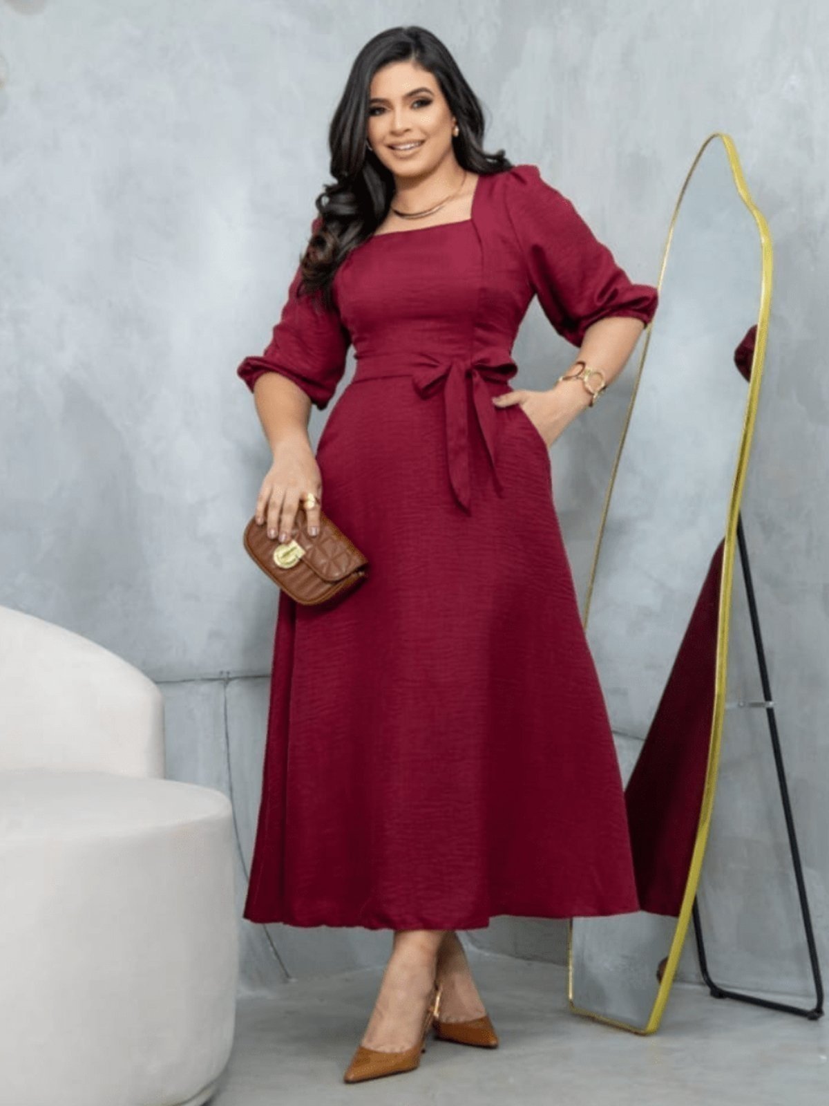 Vestido Midi Soltinho Manga 3/4 Elegante Social Moda Evangélica Marsala