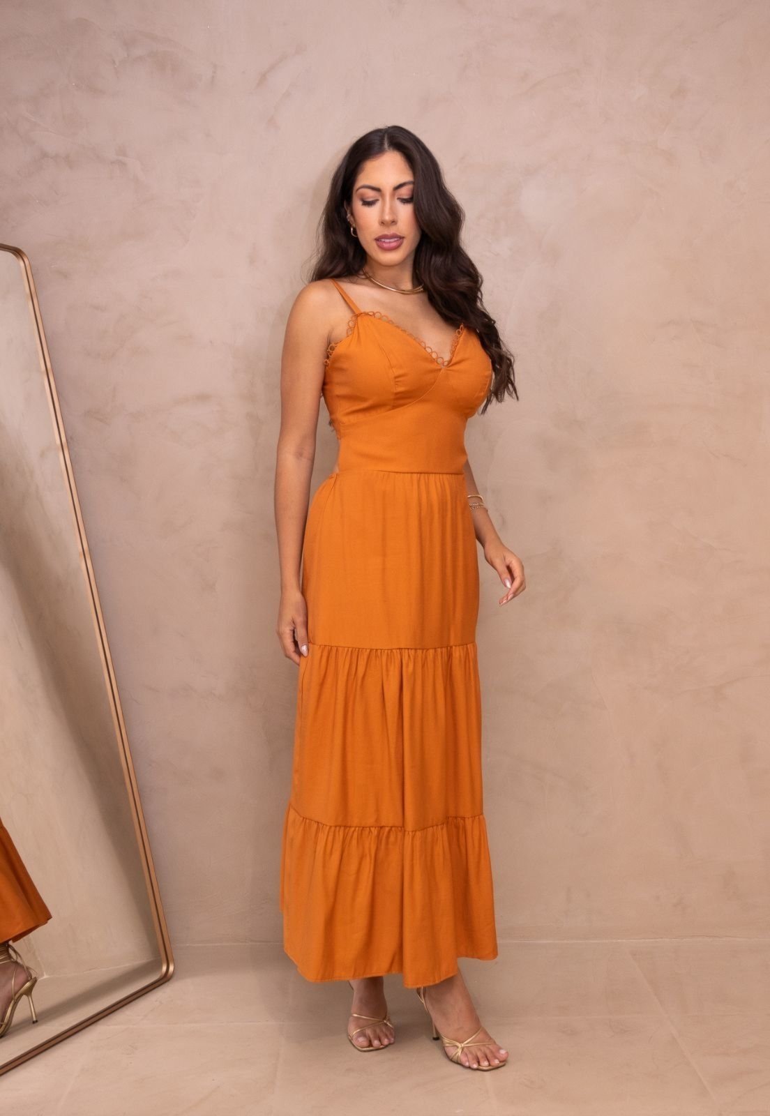 Vestido Midi Longuete Viscose Alcinha Frente Única Elegante Darciê Laranja