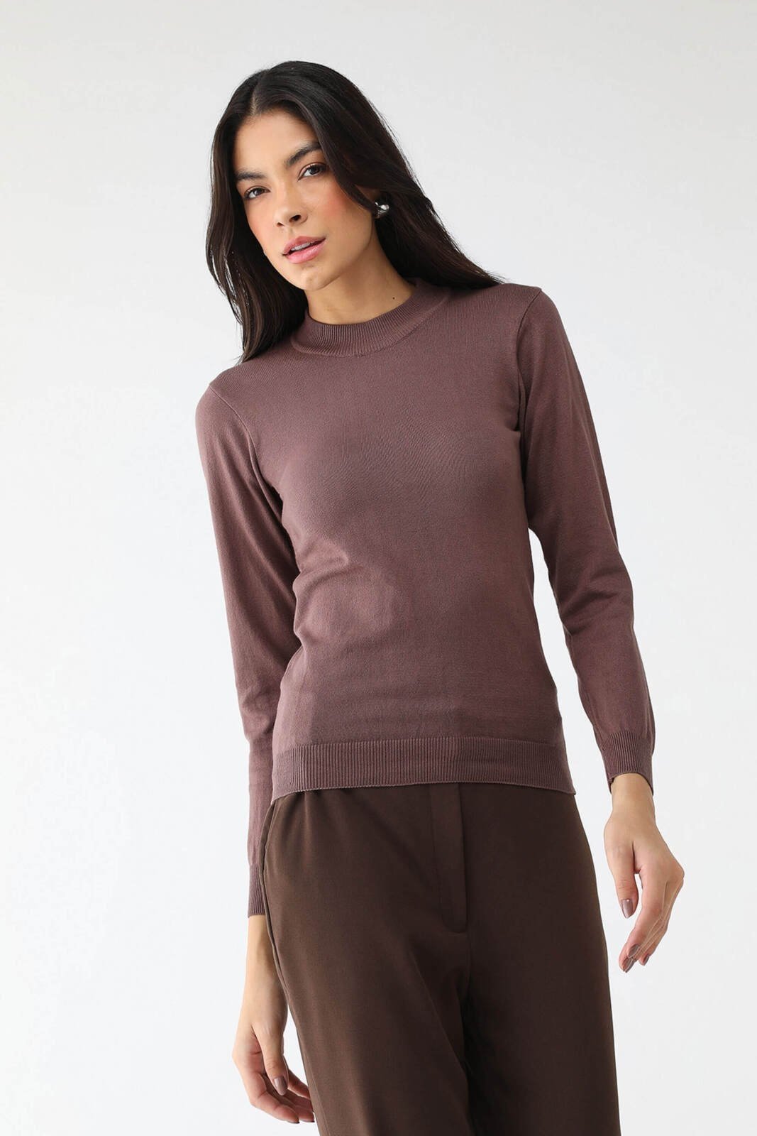 Blusa Tricô Algodão Básica Lisa Marrom