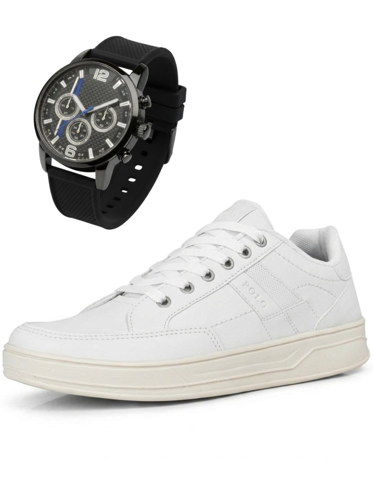 Tênis Branco Masculino Com Relógio Sapatênis Sola Reta Sneakers Polo Kit