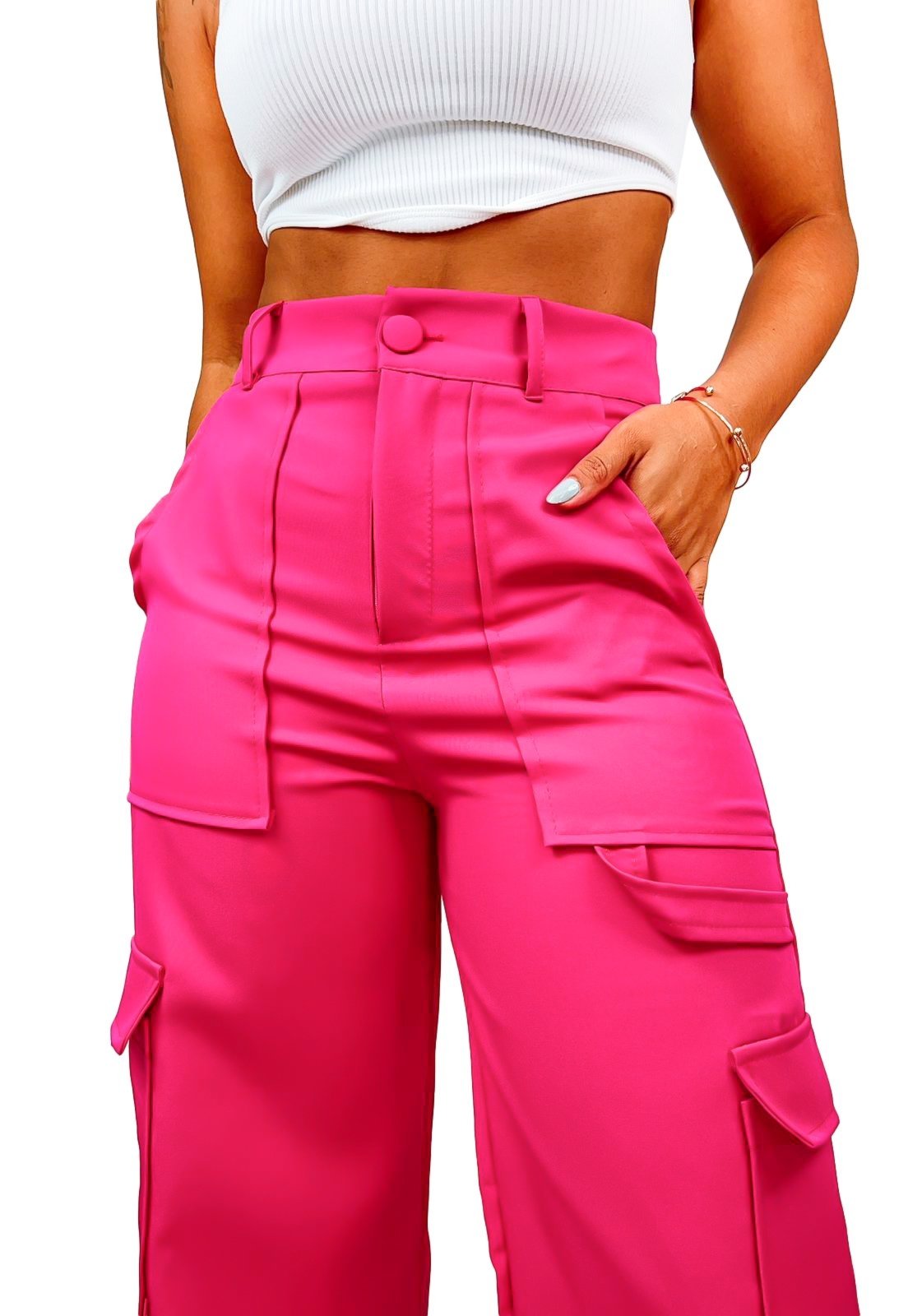 Calça YWCind Cargo Social Cintura Alta em Alfaiataria Elegante Pink