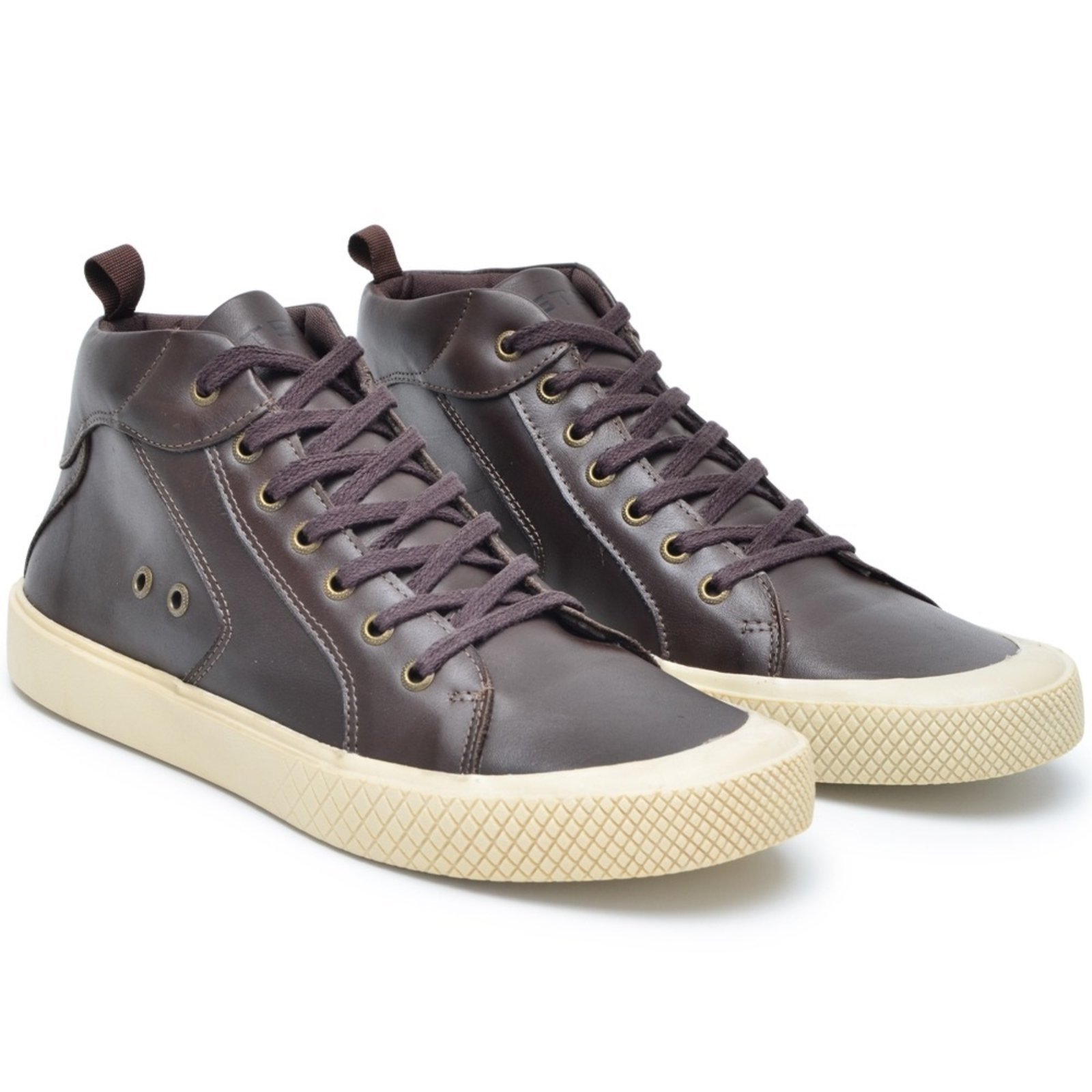Tênis Casual Couro Masculino Cano Alto Amarração Solado Flat Emborrachado Natural Reforçado Café