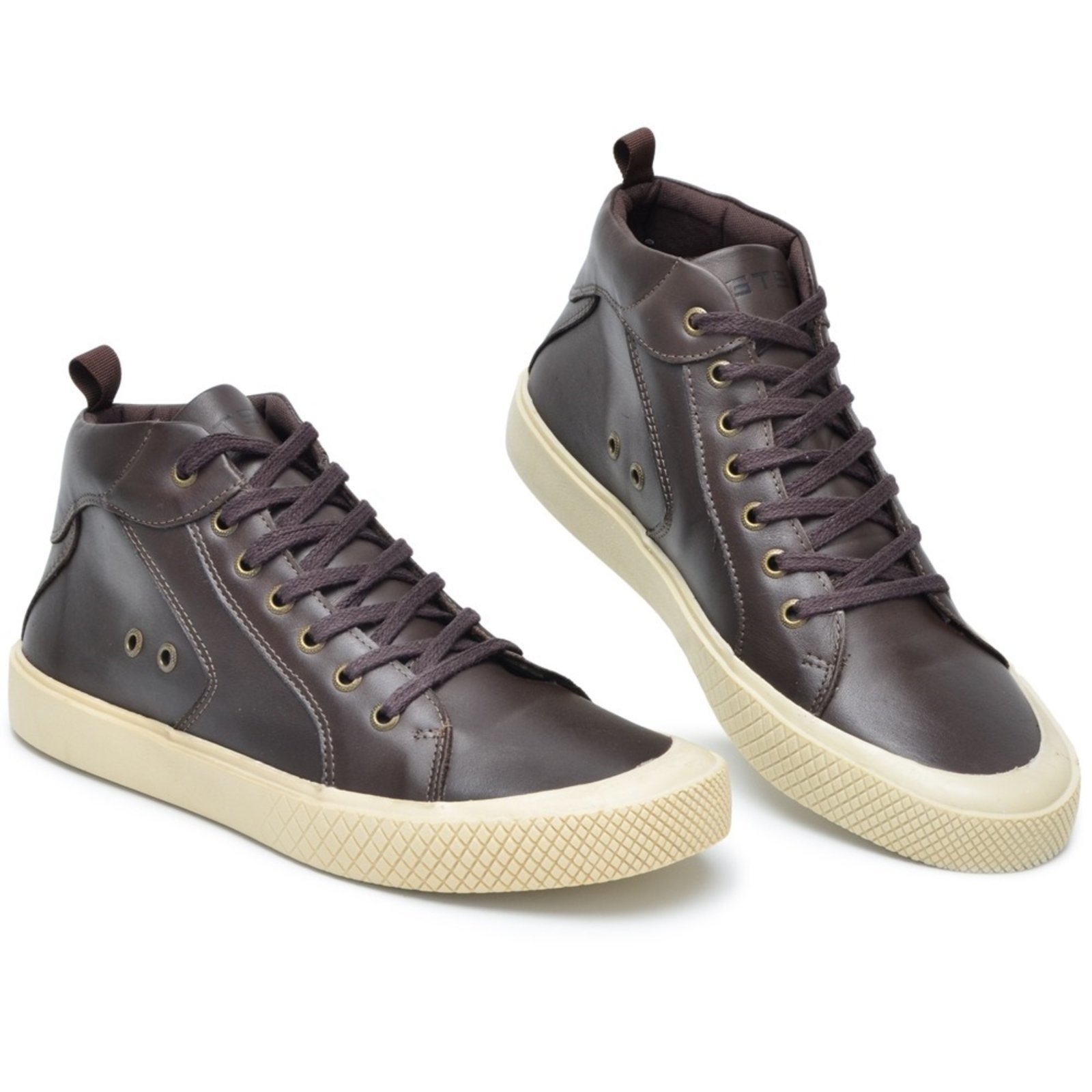 Vista 3 Tênis Casual Couro Masculino Cano Alto Amarração Solado Flat Emborrachado Natural Reforçado Café FRANCA GRIFFE café natural FRANCA GRIFFE café natural
