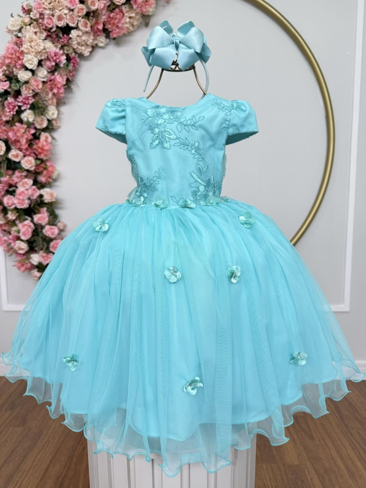 Infantil - Vestido Festa Verde Azul Turquesa Jardim Encantado Borboletas Formatura Casamento Princesa Social Rodado Florista Dama Daminha Aniversário Luxo