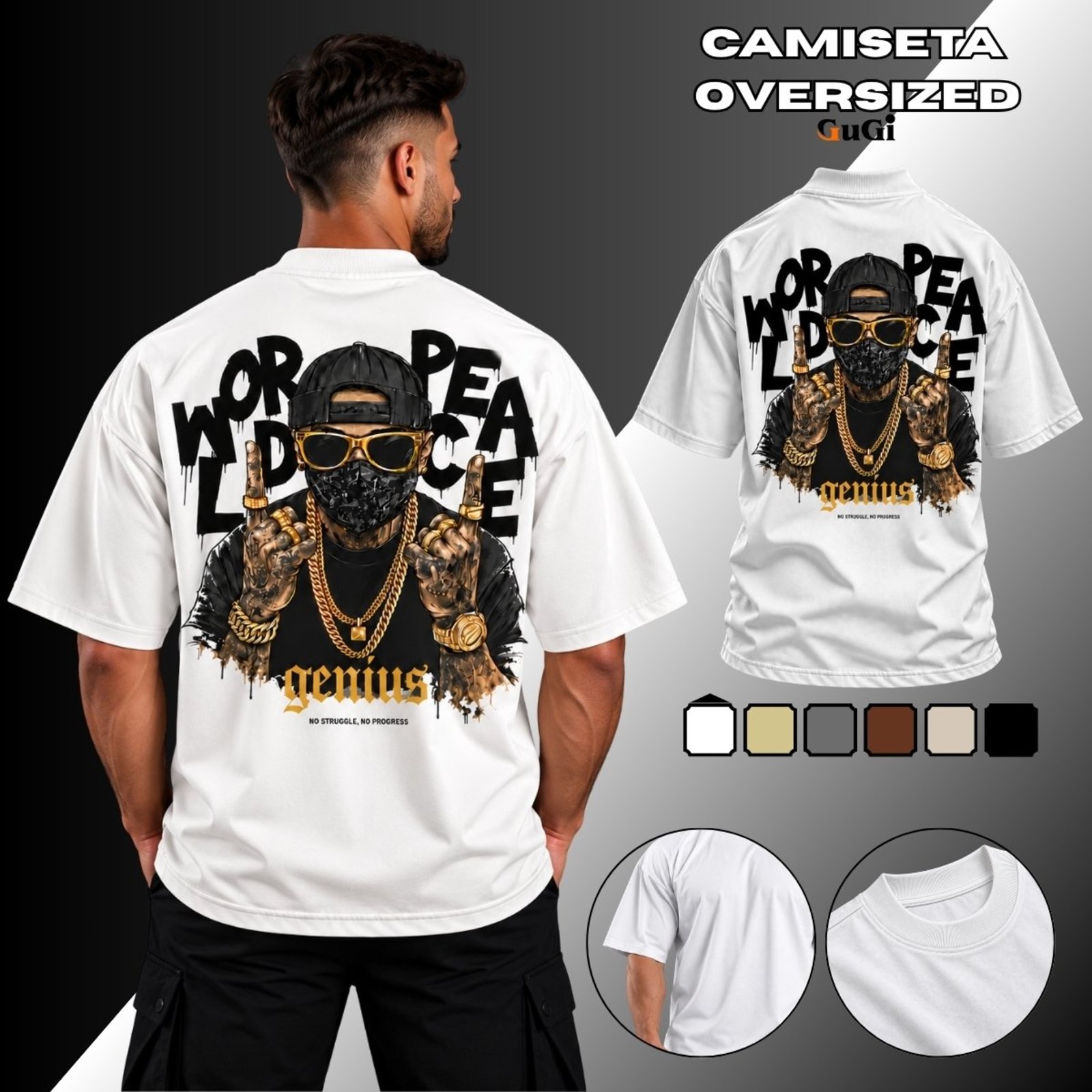 Camiseta Masculina Oversized Rapper Gangster 100% Algodão 30.1 Branco