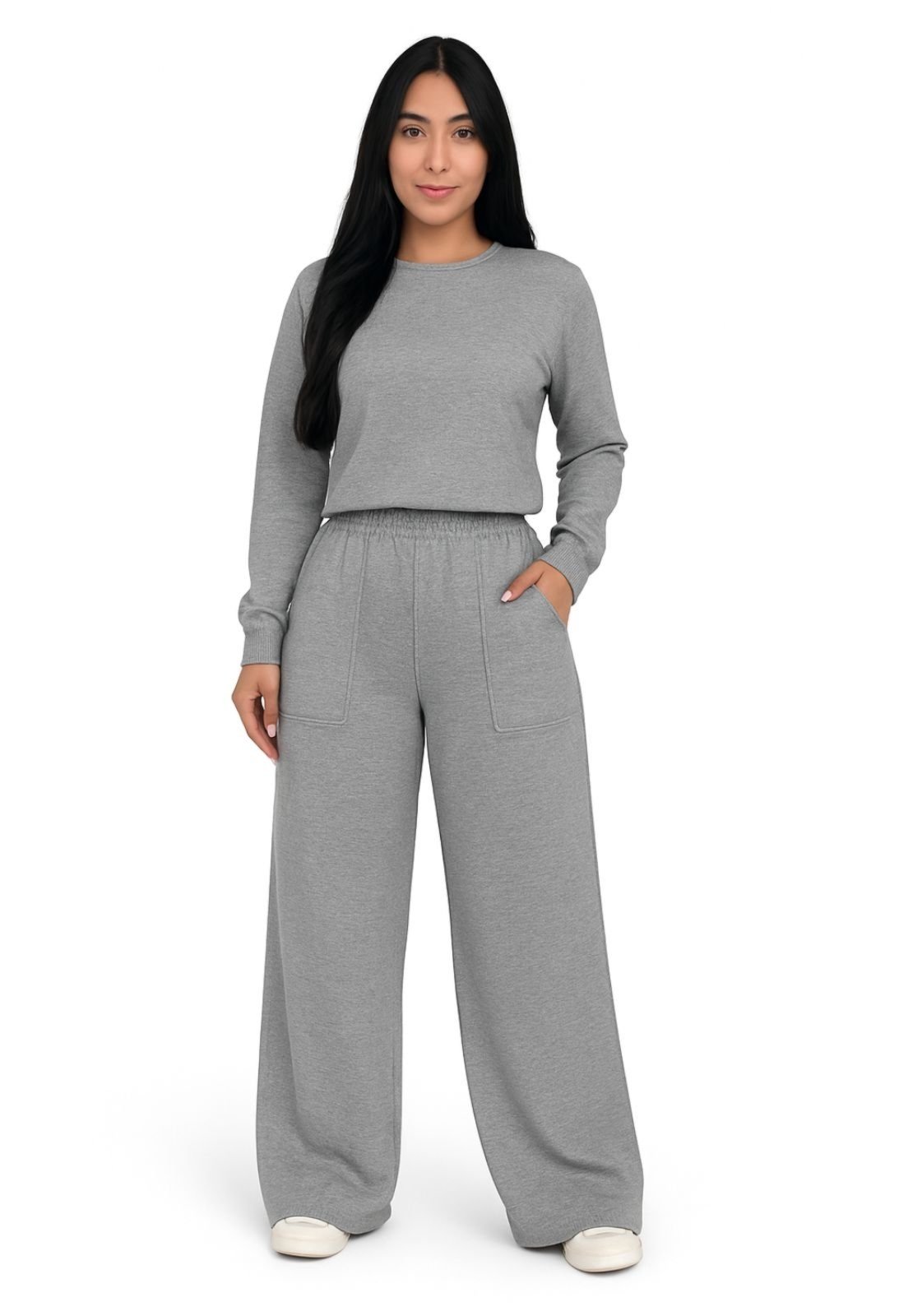 Conjunto Moletinho Blusa com Manga Longa e Calça Wide Leg e Samantha Cinza