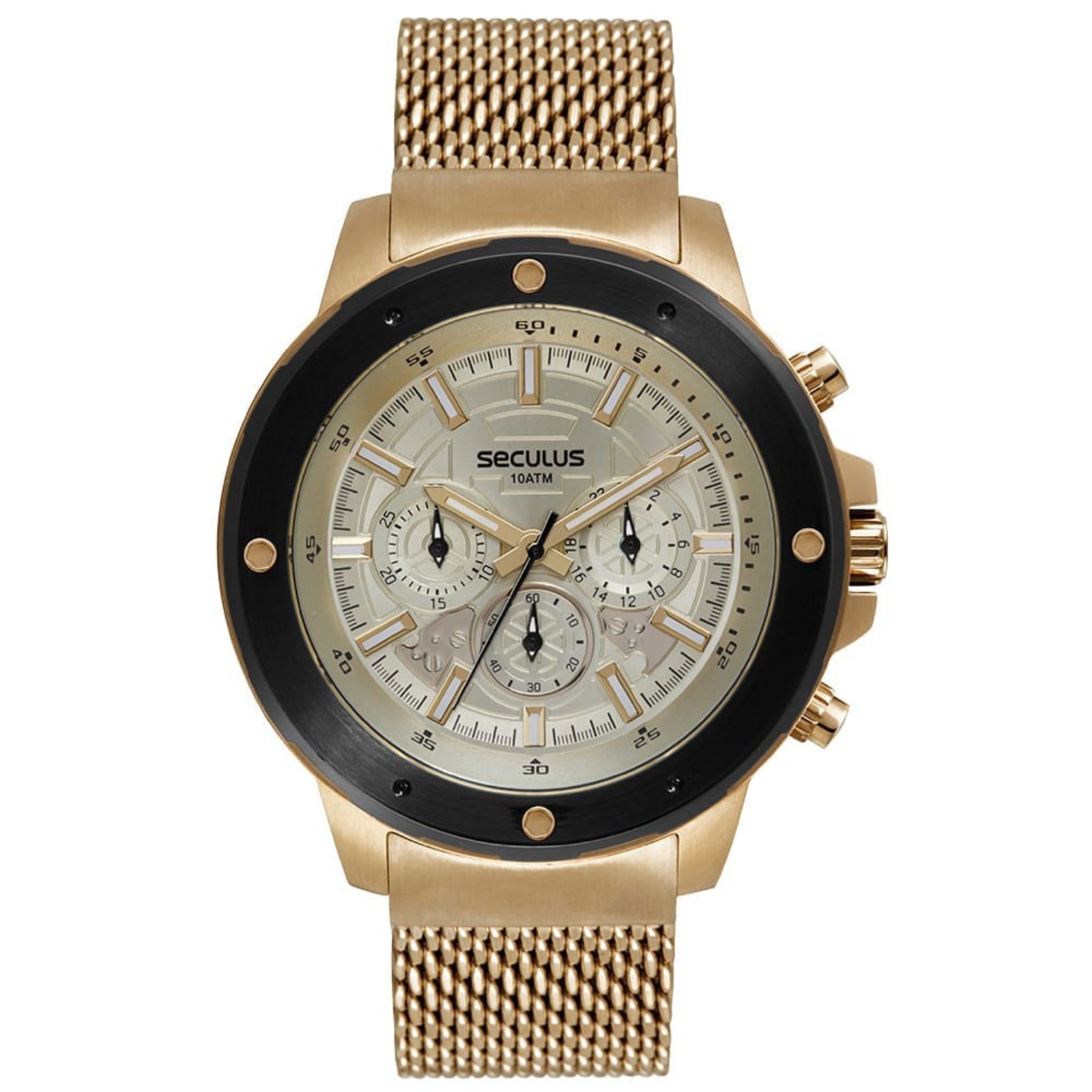 Relógio Seculus Masculino Cronógrafo Malha de Aço Dourado Seculus