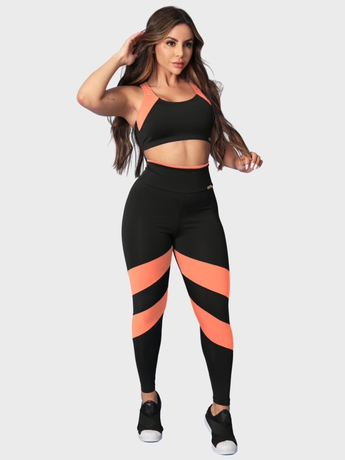 Conjunto Fitness Tarelles Top Calça Legging Cintura Alta Preto e Laranja Claro