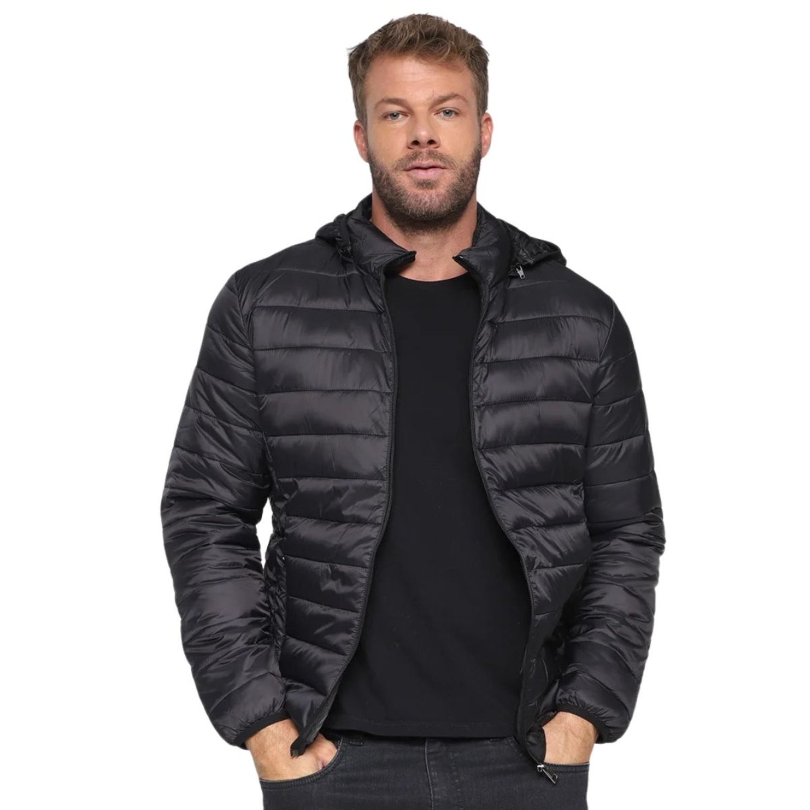 Jaqueta Masculina Puffer FMF Impermeável Plus Size com Capuz e Isolamento Térmico Preto