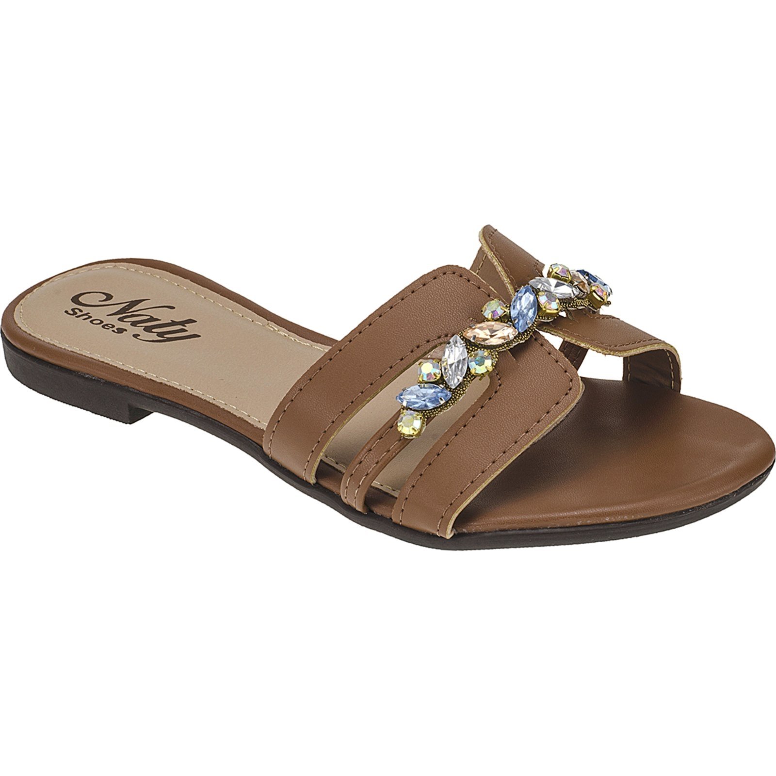 Sandália Rasteira H Caramelo Naty Shoes Flat Pedraria Frutacor 804