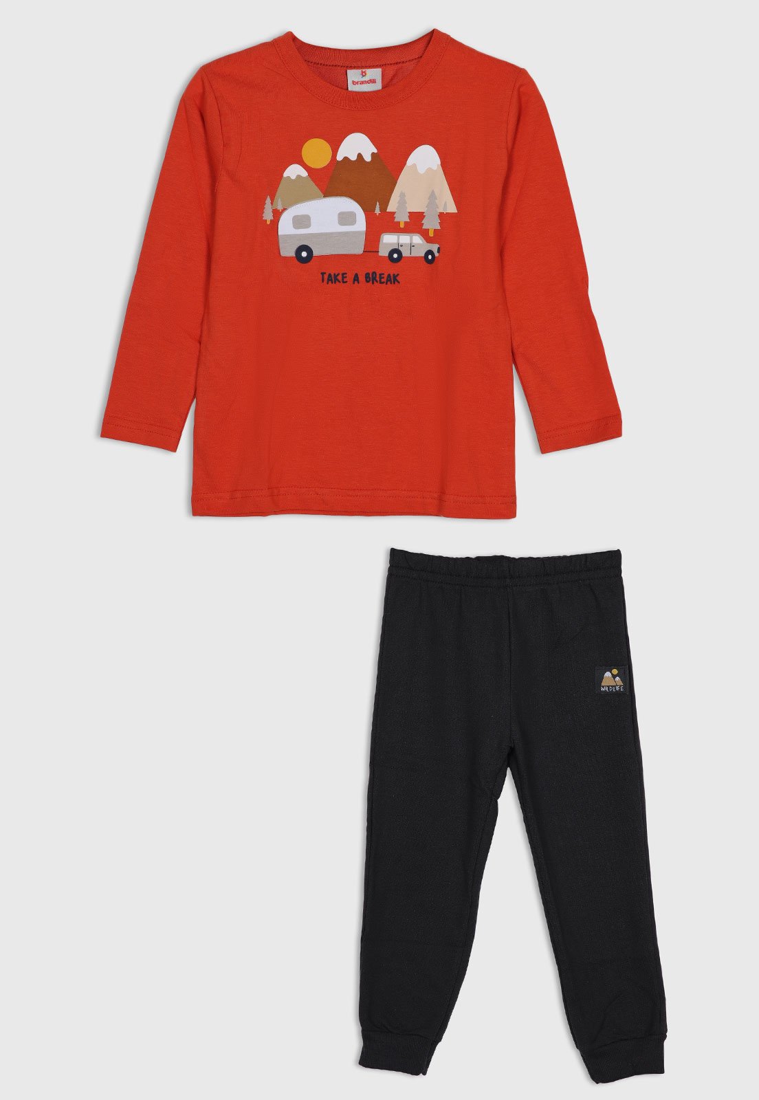 Conjunto Brandili Estampado Blusa Manga Longa Laranja e Calça Preta