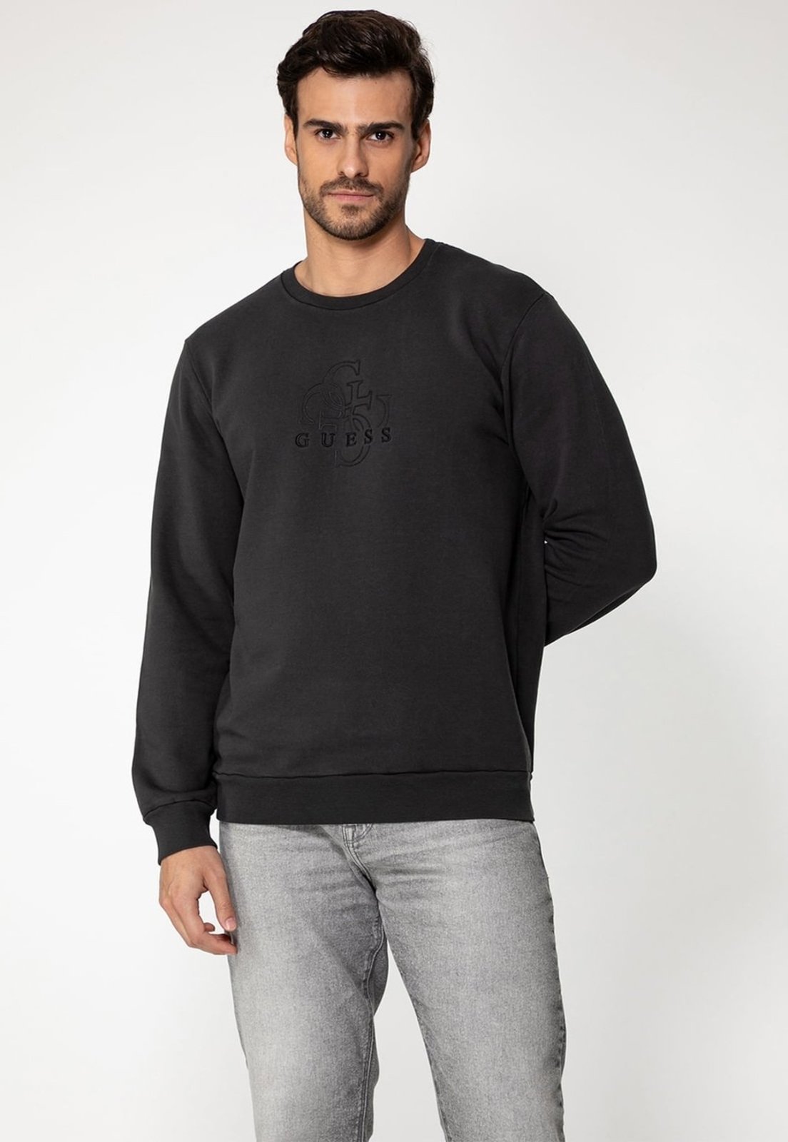 Blusa de Moletom Guess Logo 4G Bordado Cinza Escuro