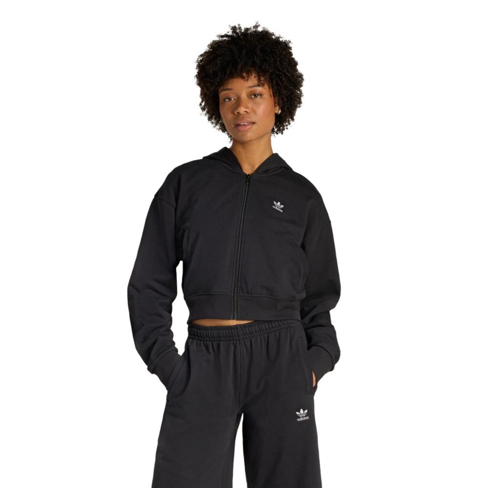 MOLETOM CAPUZ ESSENTIALS MOLETINHO CROPPED ZIP adidas Originals Preto