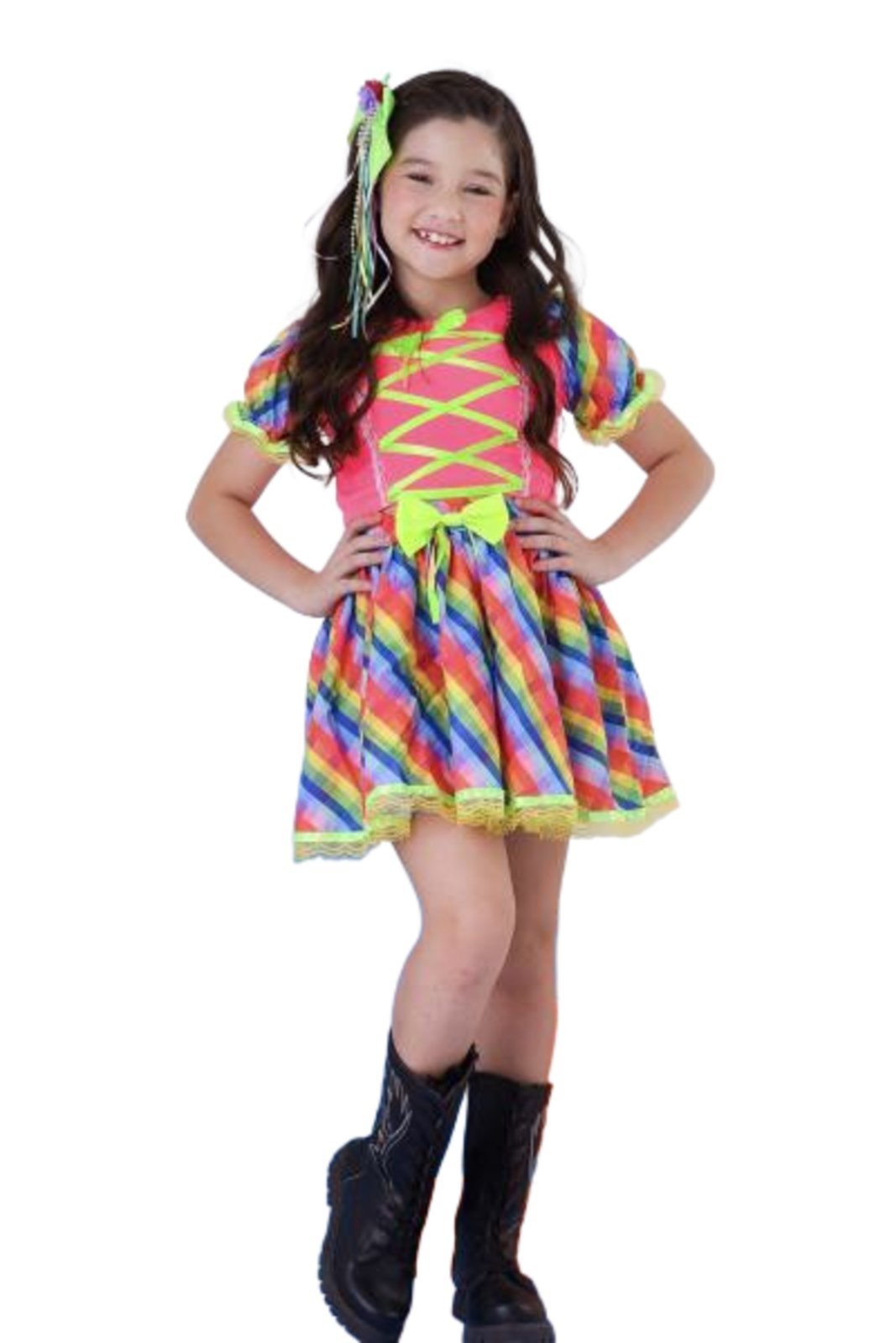 Infantil - Conjunto Xadrez Junino Rosa Neon Colorido Cropped Saia Festa Junina Caipira Quadrilha Sinhá