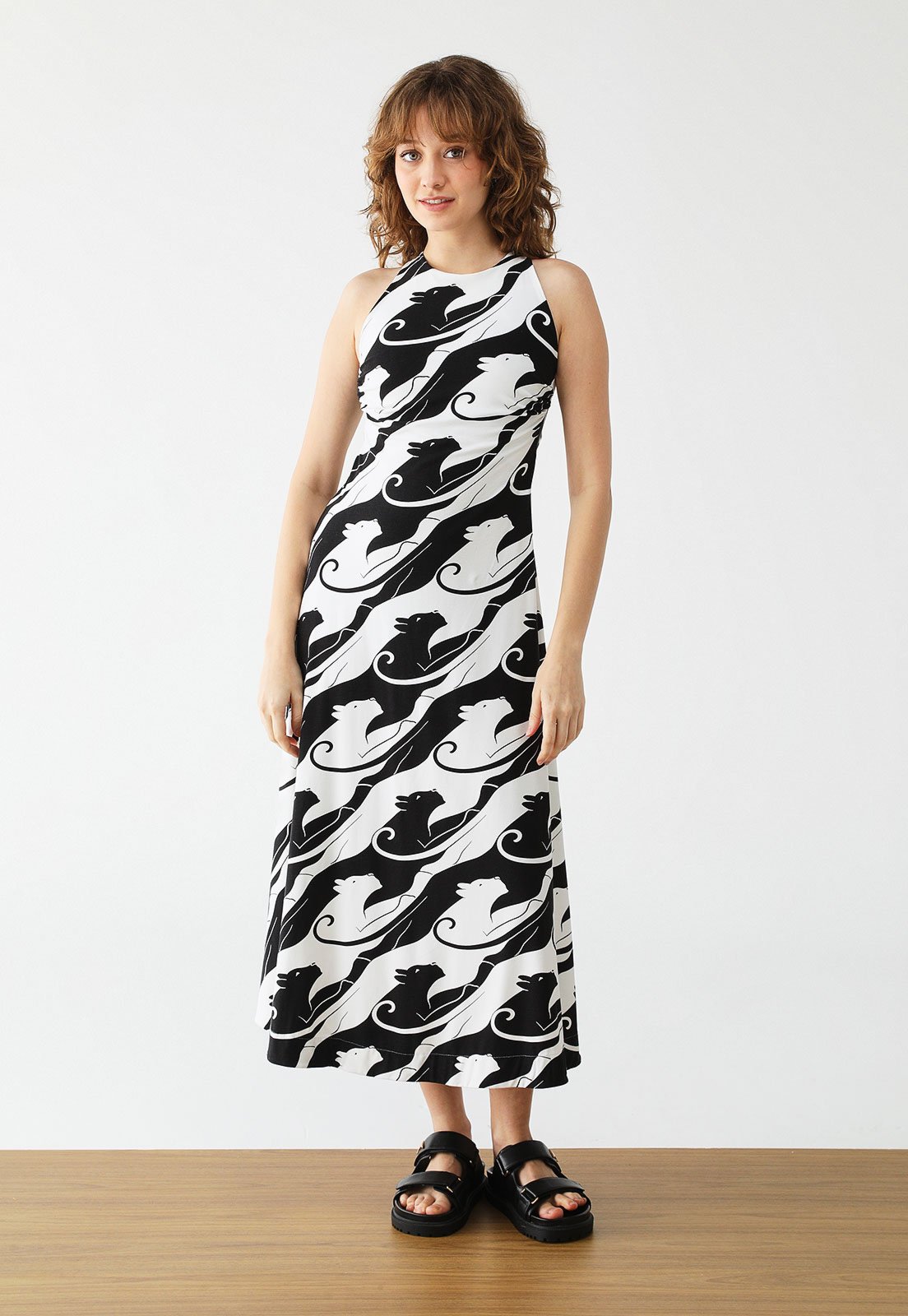 Vestido FARM Midi Cruzado Panteras Preto