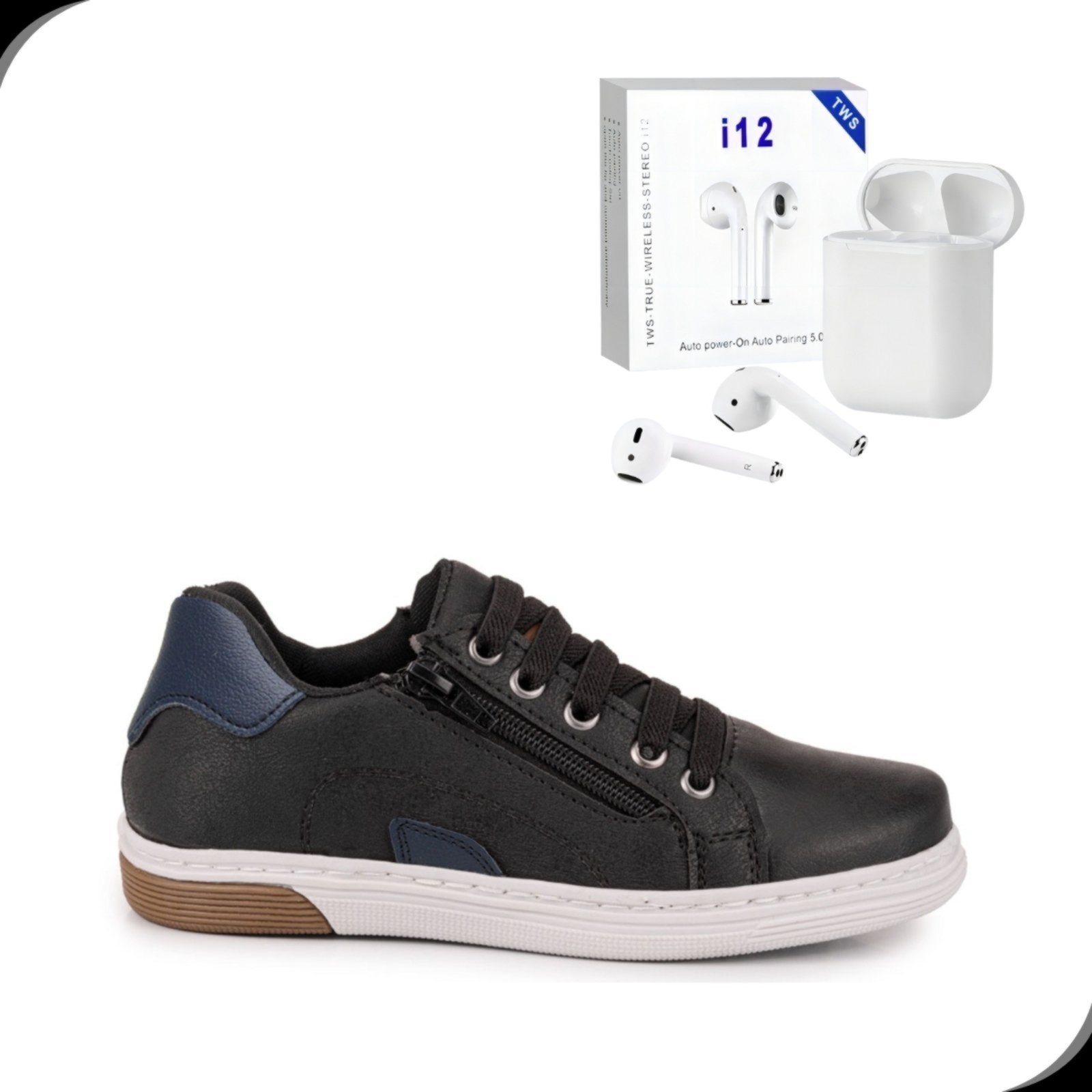 Infantil – Tenis Sapatenis Casual Masculino Rovetto Ziper Calce Facil Preto Kit Com Fone Sem Fio