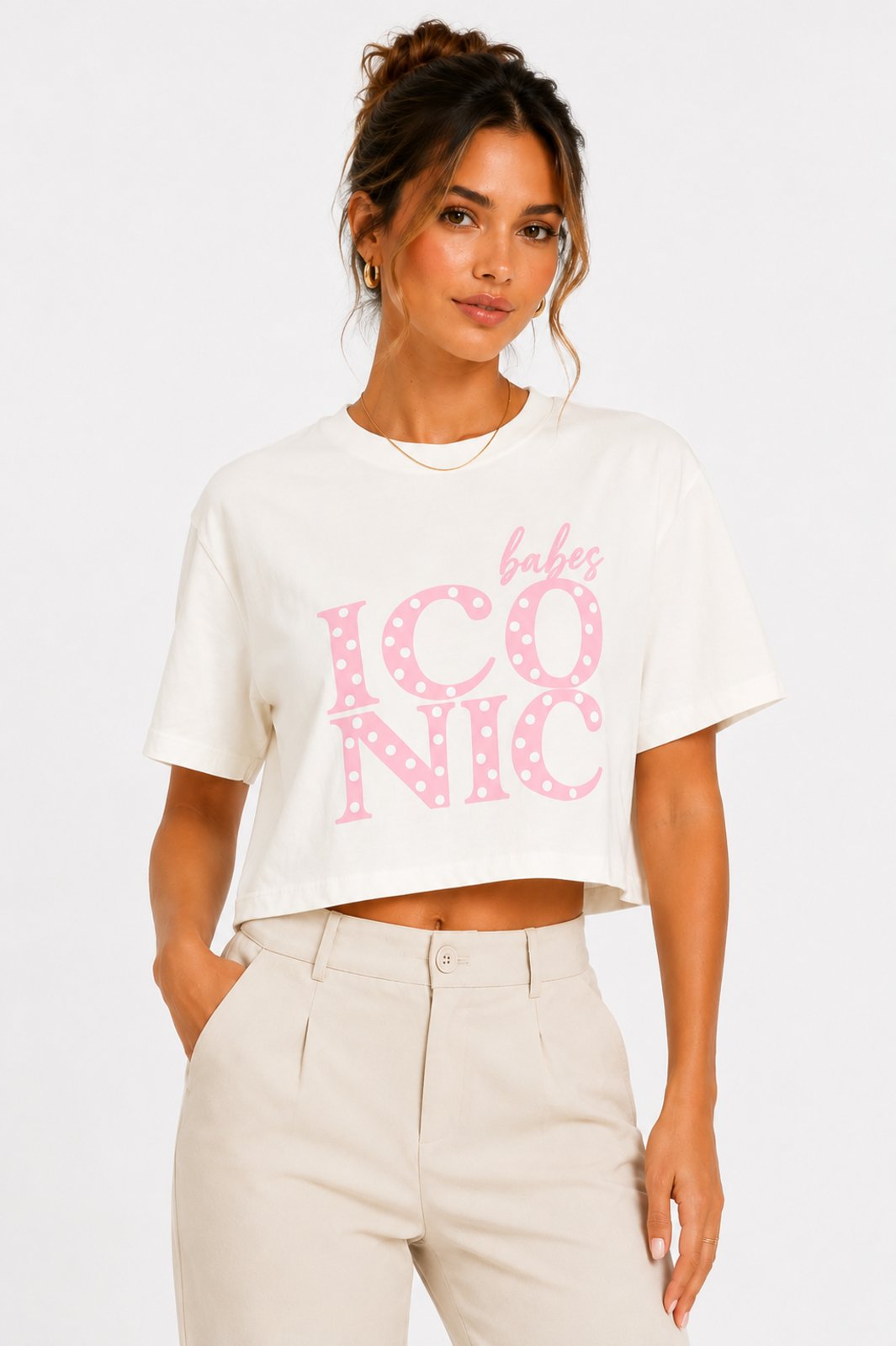 Cropped Feminino D Bell Outlet Fashion Oversized Iconic Off-White e Rosa