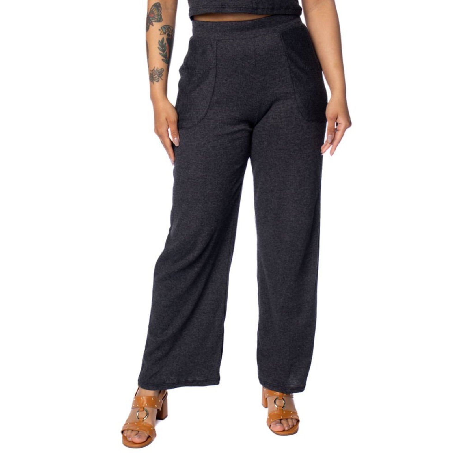 Calça Feminina Habana Wide Leg Canelada Cinza Mescla