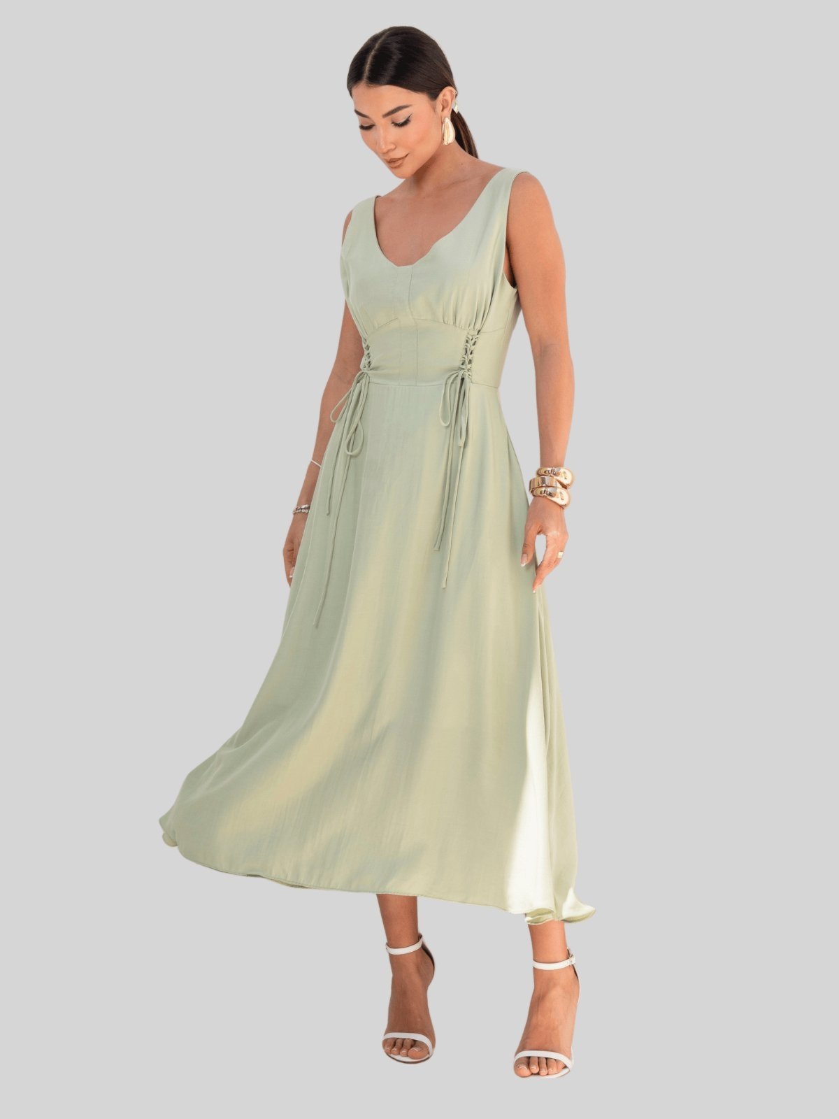 Vestido Miss e Misses Arlete Midi C/Detalhe Amarracao C/Botao Verde