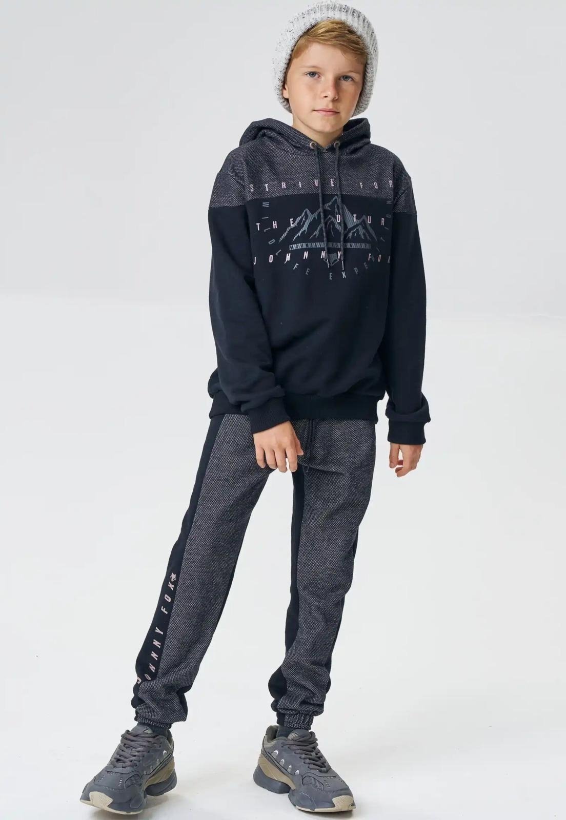 Infantil - Conjunto Moletom com Capuz Cinza Menino Johnny Fox 10 Preto
