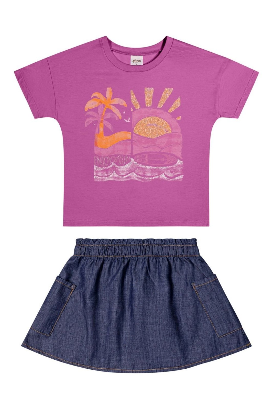 Infantil – Conjunto Menina Blusa e Saia Jeans Tropical Elian Rosa