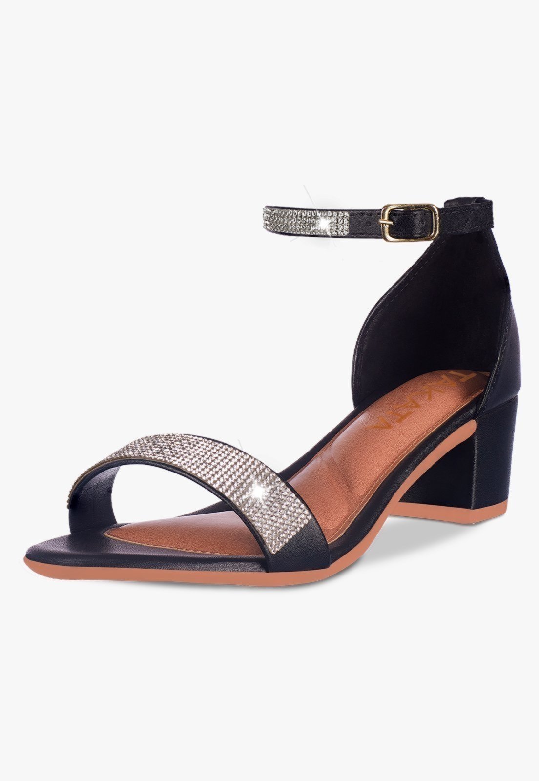 Sandália Feminina Salto Quadrado Baixo Manta Strass Brilho Preto