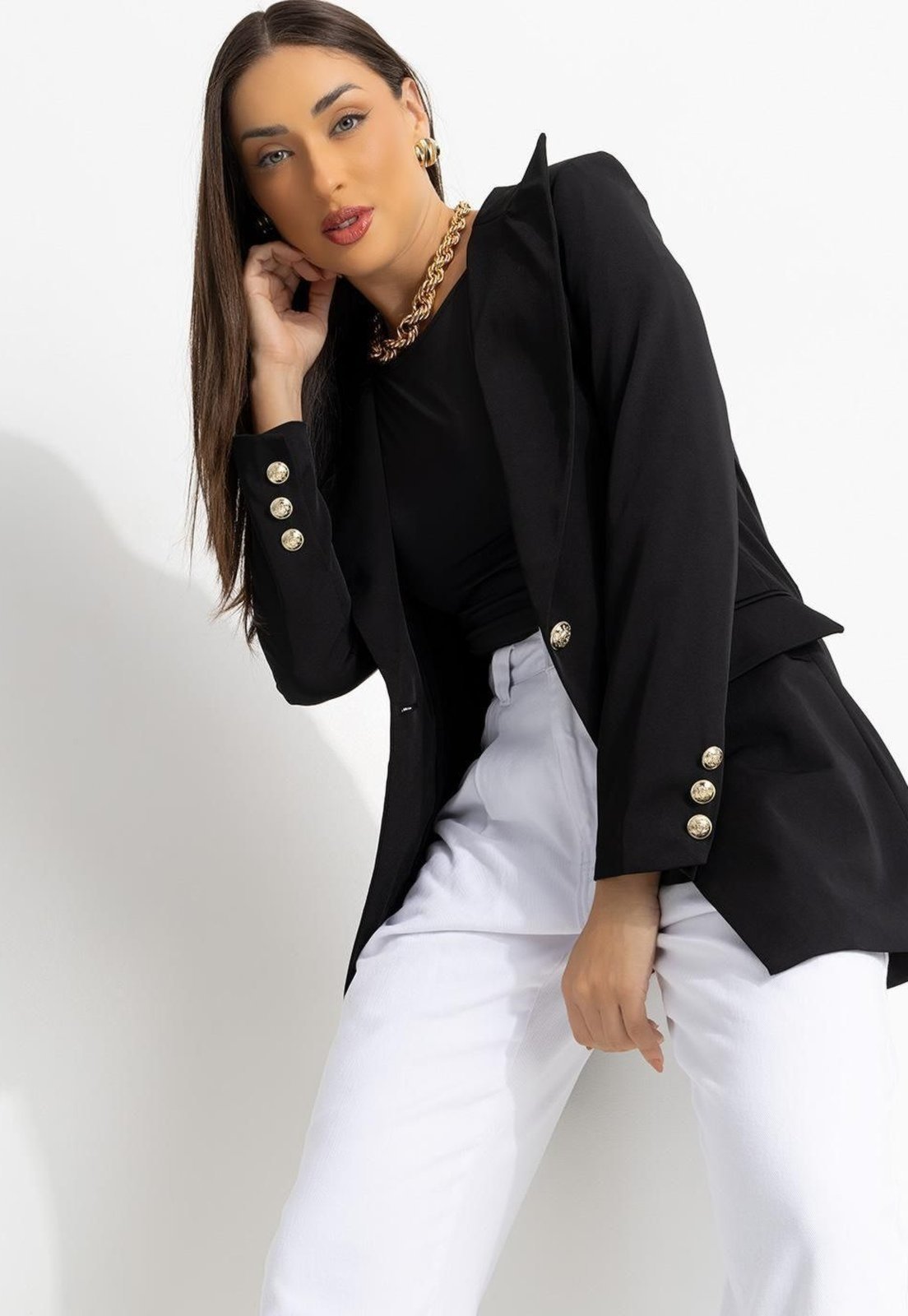 Vista 2 Blazer Em Crepe Plano Forrado Quintess preto