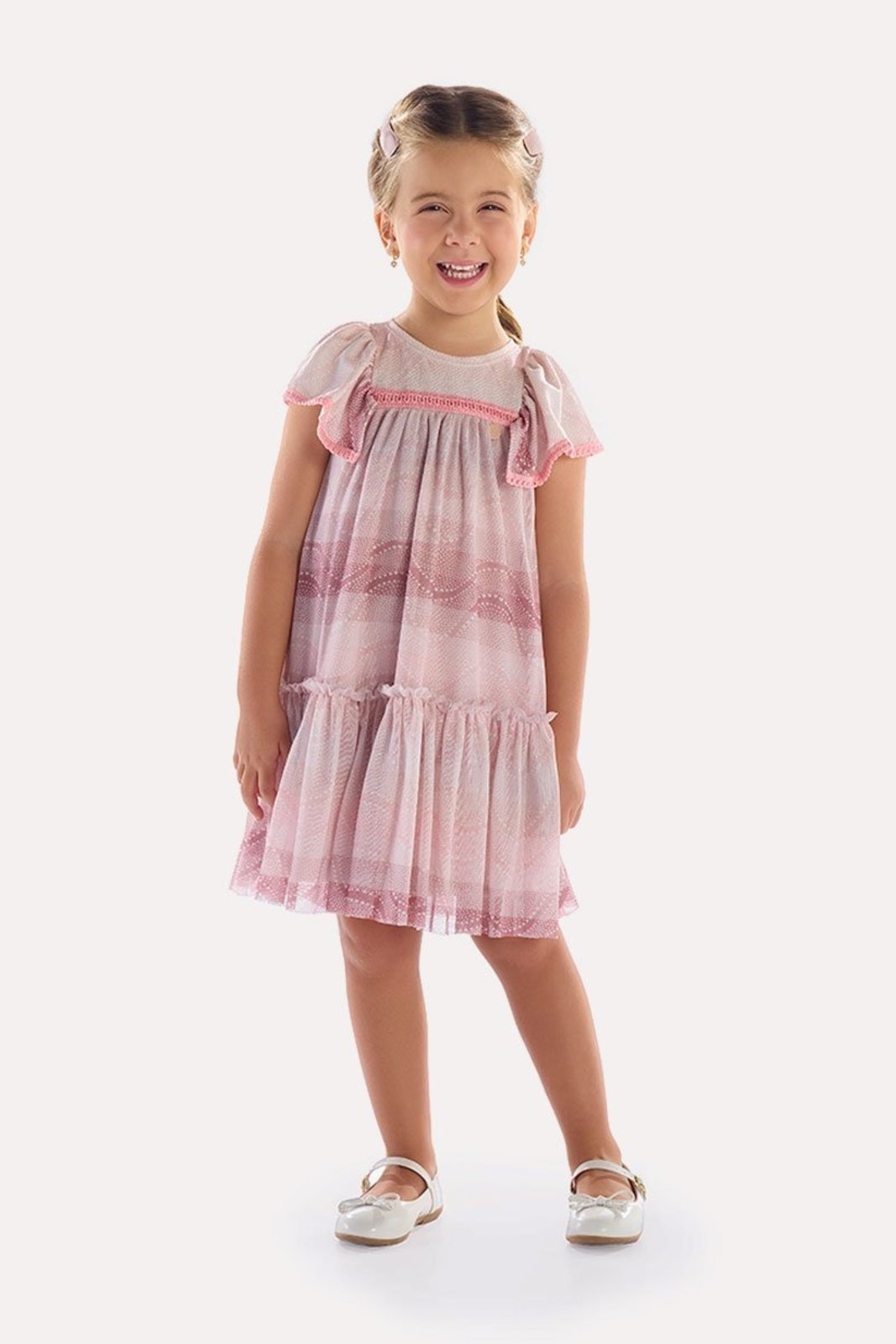 Infantil - Vestido Rosa Texturizado com Tule e Renda