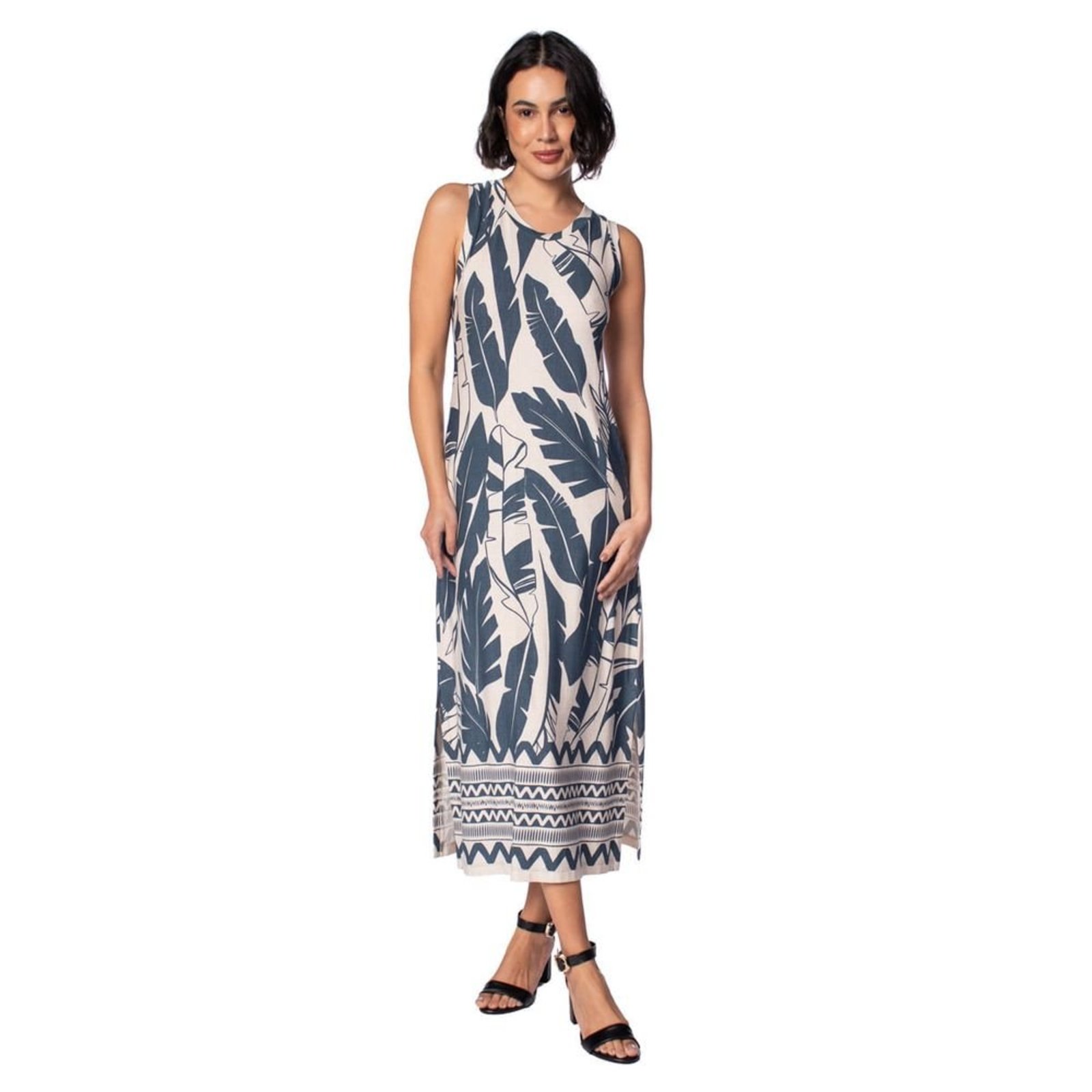 Vestido Feminino Averzzy Longo Folhagem Marinho/Bege