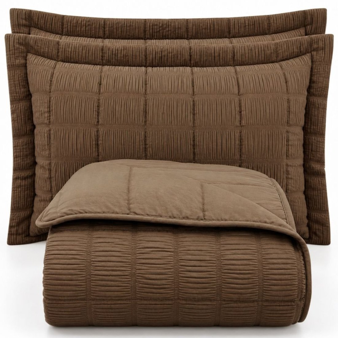 Kit Cobre Leito Linen King Micropercal 300 Fios Matelassê Colcha 3 Peças Efeito Creponado Chocolate
