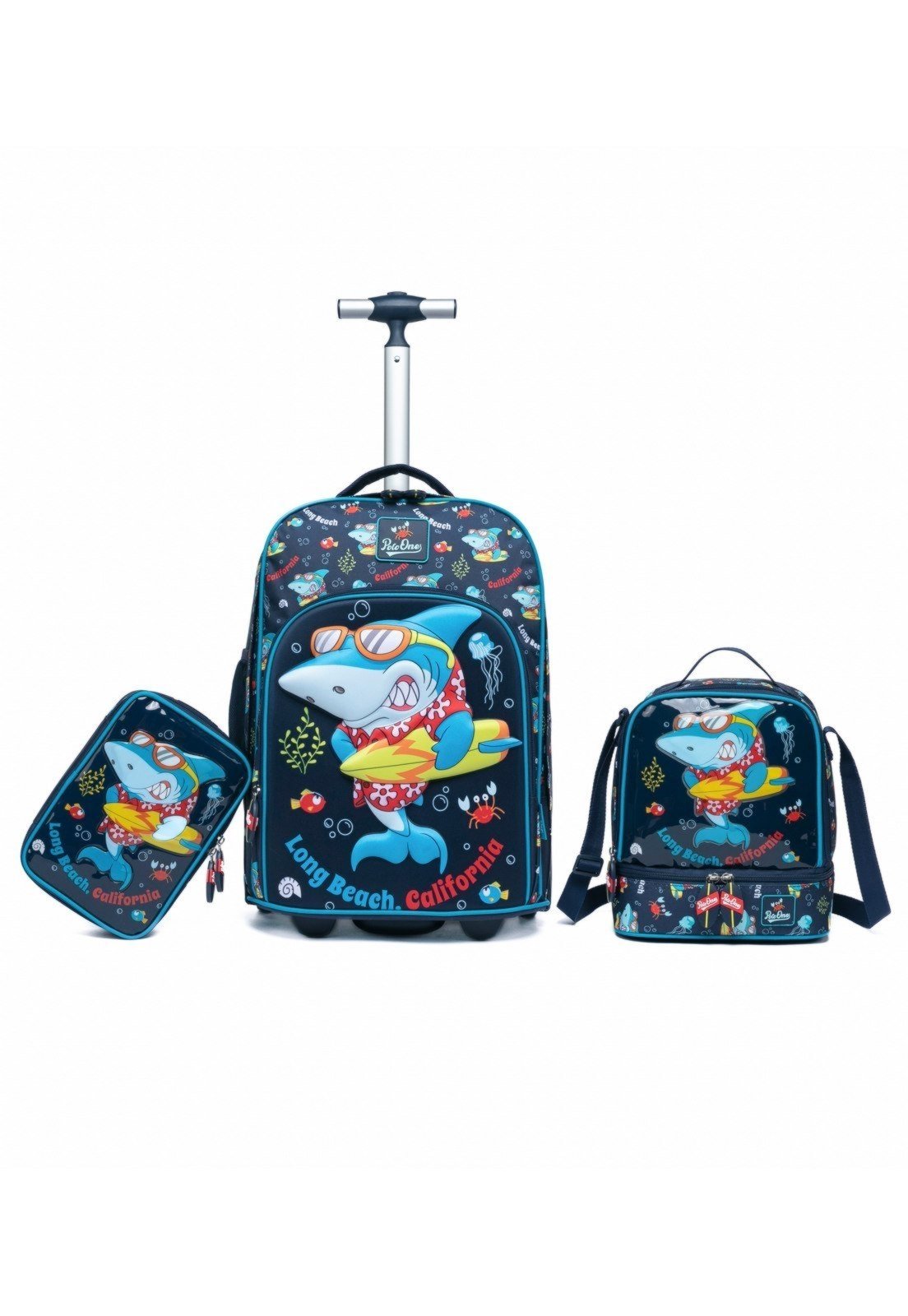 Infantil – Kit Polo One Mochila De Rodinhas Tubarão Lancheira Estojo