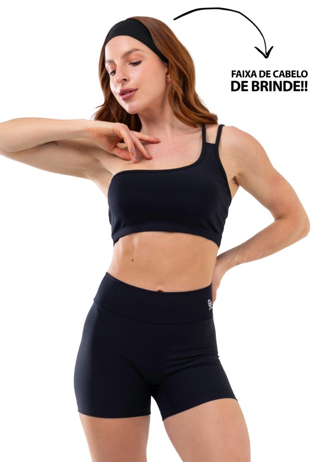 Conjunto Fitness Top Recorte Ombro Só Short Legging Poliamida Cós Alto Feminino – Preto