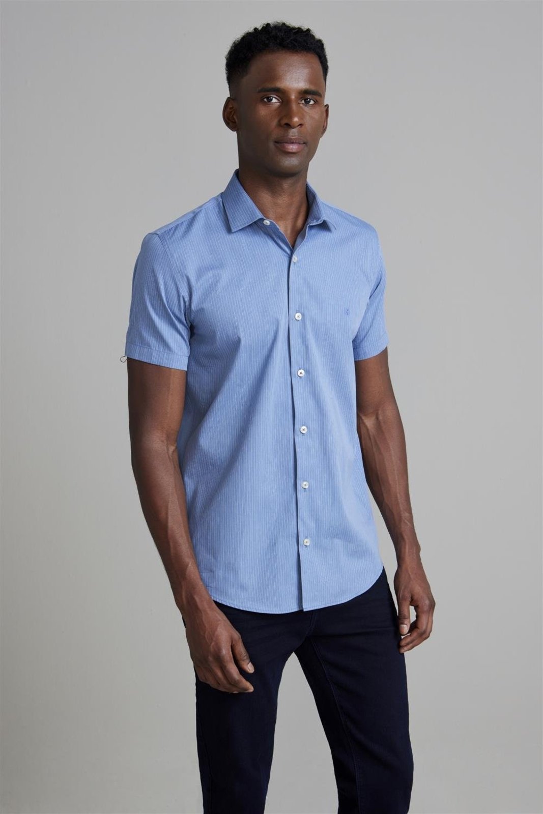 HIGHSTIL Camisa Manga Curta Slim Fit Listrada - Azul Médio