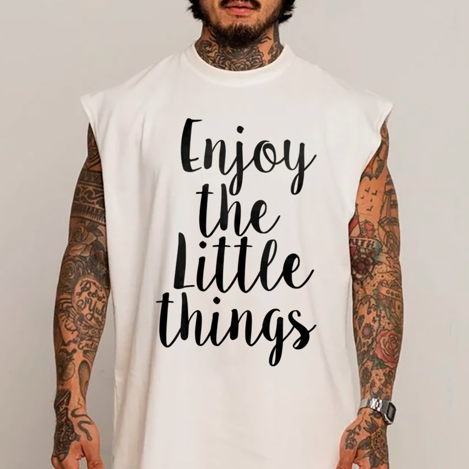 Camiseta Regata Machão Motivacional Enjoy Little Things Frase Positiva Branco