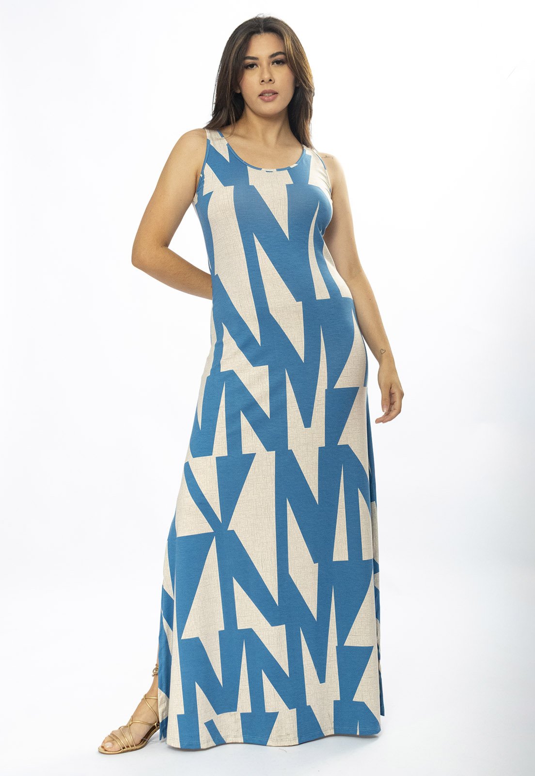 Vista 3 Vestido Longo Amazônia Vital Butiá Malha Regata Estampa Geometric Blue Amazonia Vital bege blue