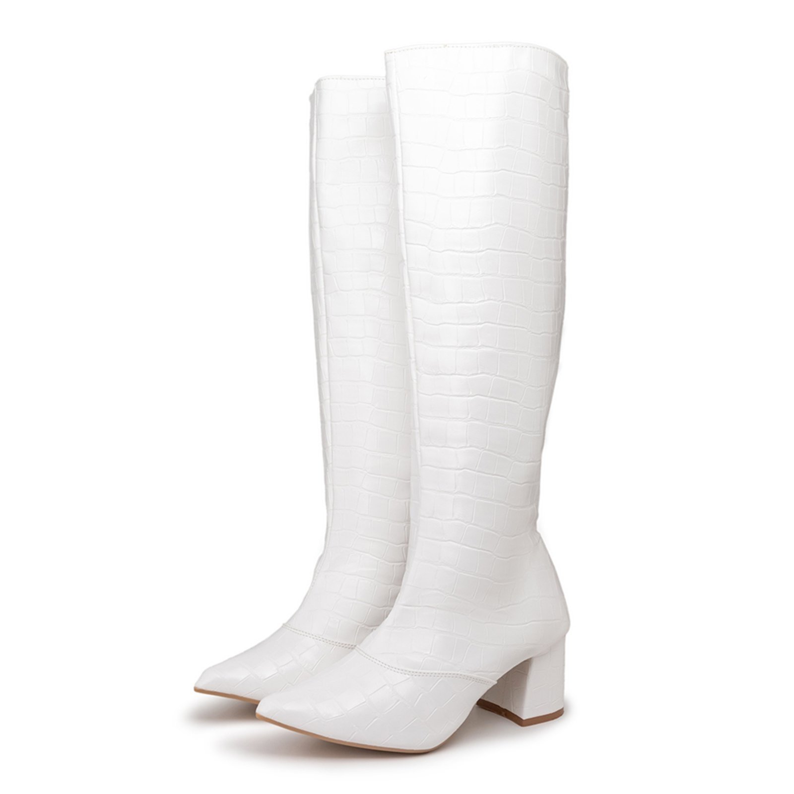 Bota Feminina Salto Bloco Bico Fino Craquelê Branco