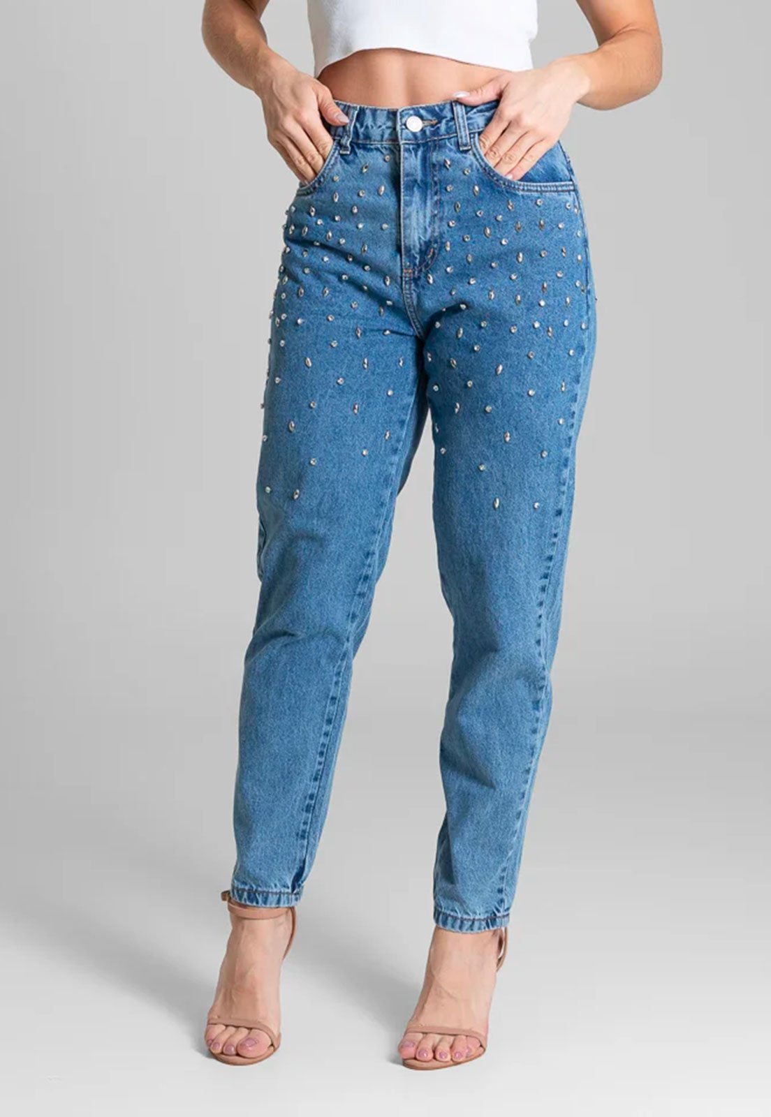 Calça Jeans Sawary Reta Pedraria Azul