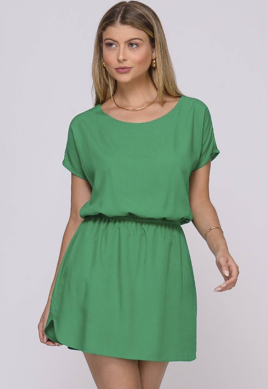 Vista 2 Vestido Curto M/C Elástico na Cintura Stela Bandeira BBonnie verde BBonnie verde